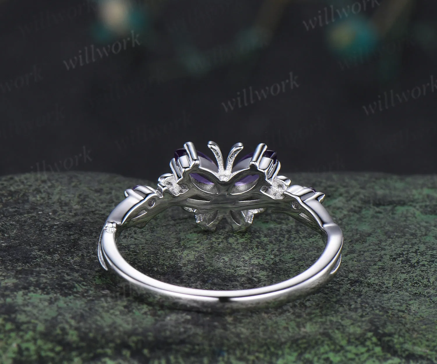 Butterfly Amethyst Engagement Ring solid 14k white gold February birthstone branch wedding ring women jewelry sold by Willwork Jewelry product image thumbnail 5