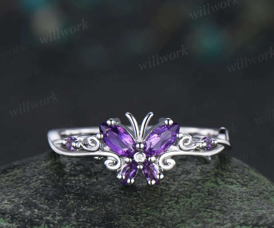 Butterfly Amethyst Engagement Ring solid 14k white gold February birthstone branch wedding ring women jewelry made by Willwork Jewelry