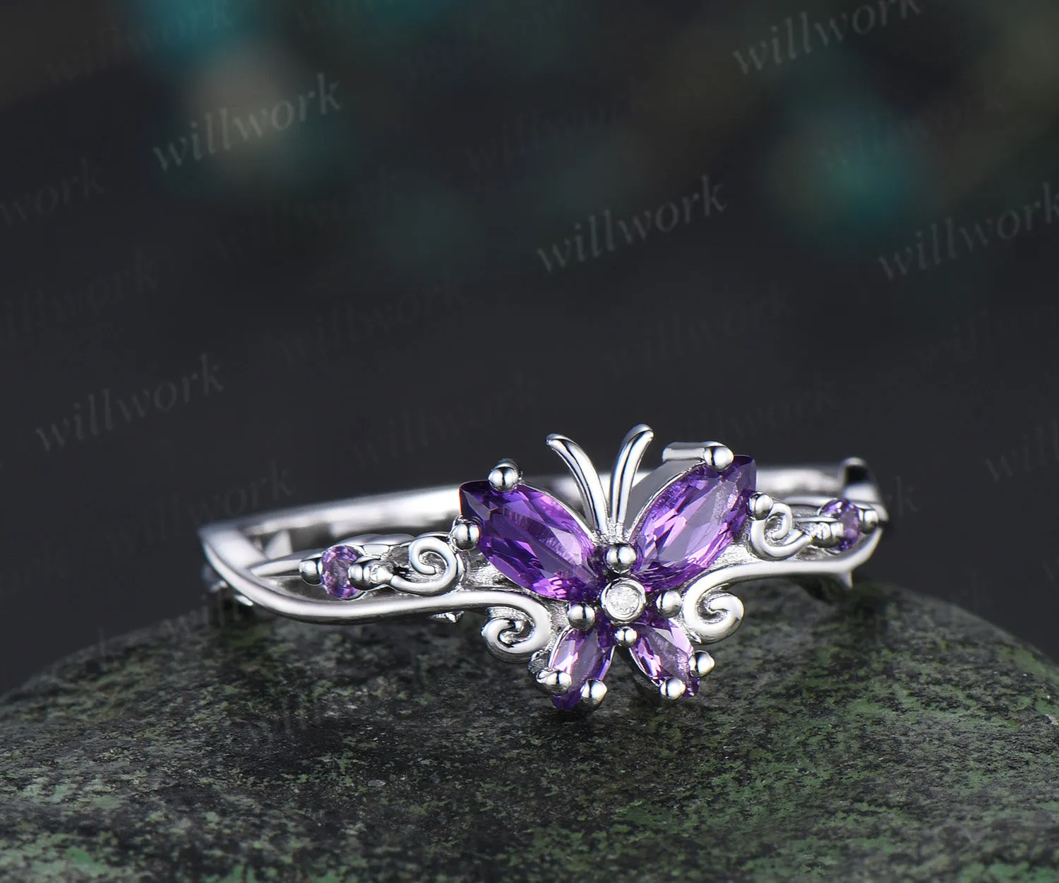 Butterfly Amethyst Engagement Ring solid 14k white gold February birthstone branch wedding ring women jewelry sold by Willwork Jewelry product image thumbnail 2