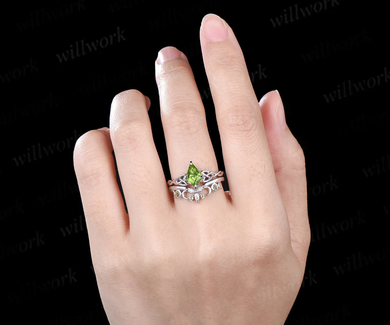 Kite cut peridot engagement ring set solid 14k white gold moon Celtic knot infinity solitaire promise wedding ring women sold by Willwork Jewelry product image thumbnail 5