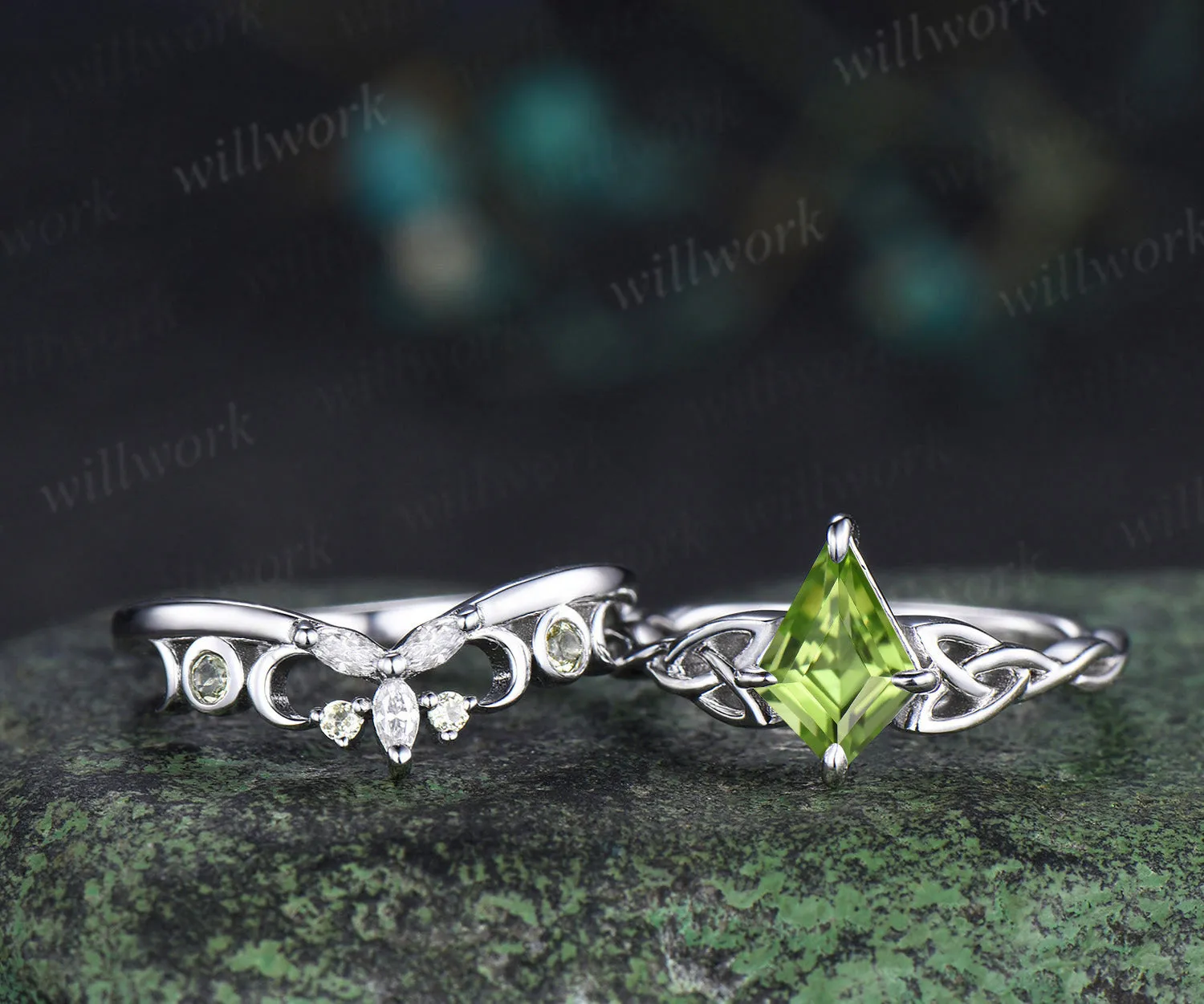 Kite cut peridot engagement ring set solid 14k white gold moon Celtic knot infinity solitaire promise wedding ring women sold by Willwork Jewelry product image thumbnail 2