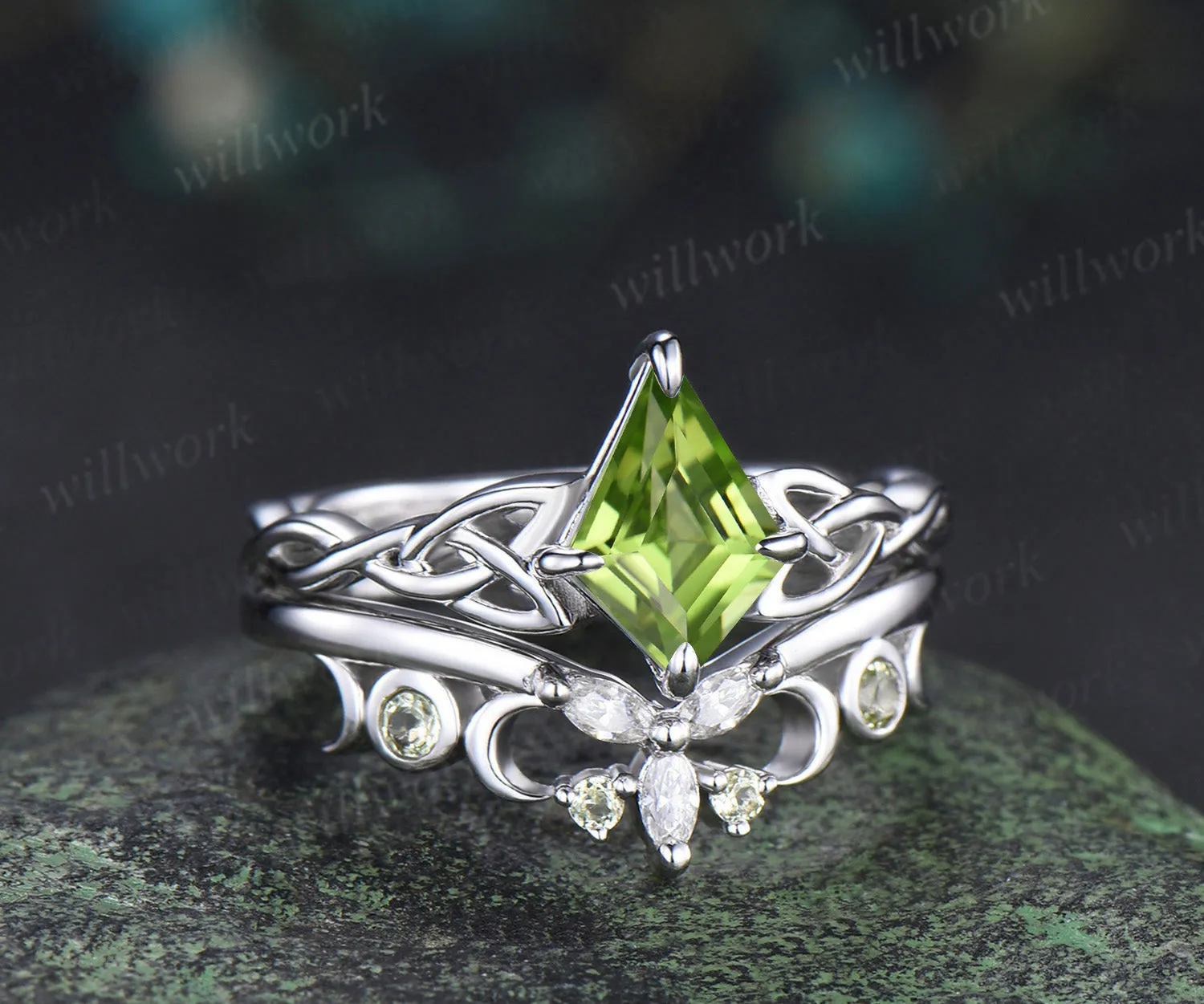 Kite cut peridot engagement ring set solid 14k white gold moon Celtic knot infinity solitaire promise wedding ring women sold by Willwork Jewelry product image thumbnail 3