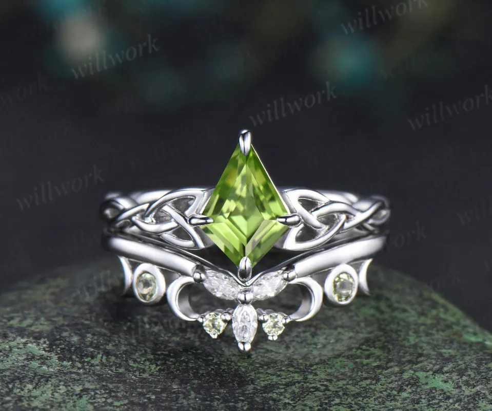 Kite cut peridot engagement ring set solid 14k white gold moon Celtic knot infinity solitaire promise wedding ring women made by Willwork Jewelry
