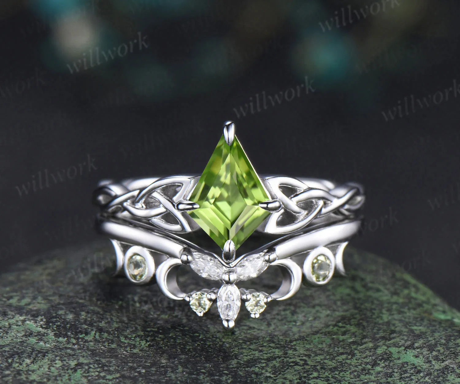 Kite cut peridot engagement ring set solid 14k white gold moon Celtic knot infinity solitaire promise wedding ring women sold by Willwork Jewelry