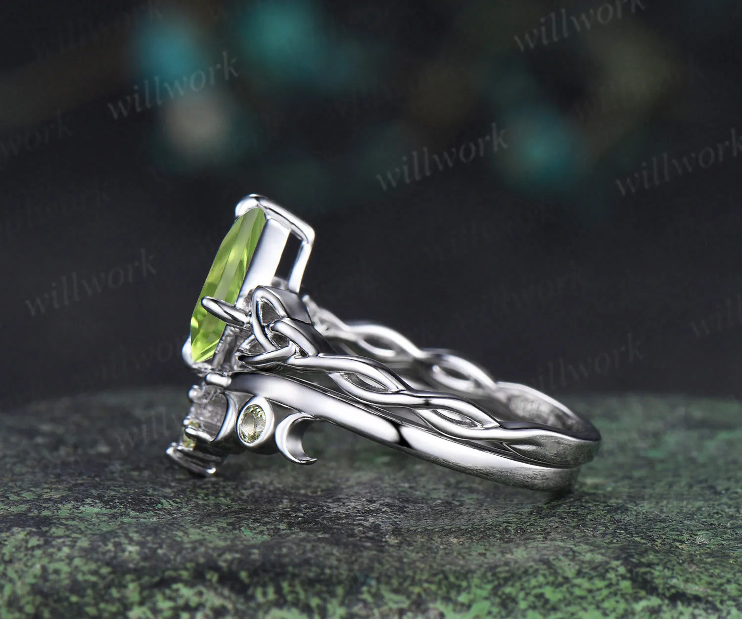 Kite cut peridot engagement ring set solid 14k white gold moon Celtic knot infinity solitaire promise wedding ring women sold by Willwork Jewelry product image thumbnail 4