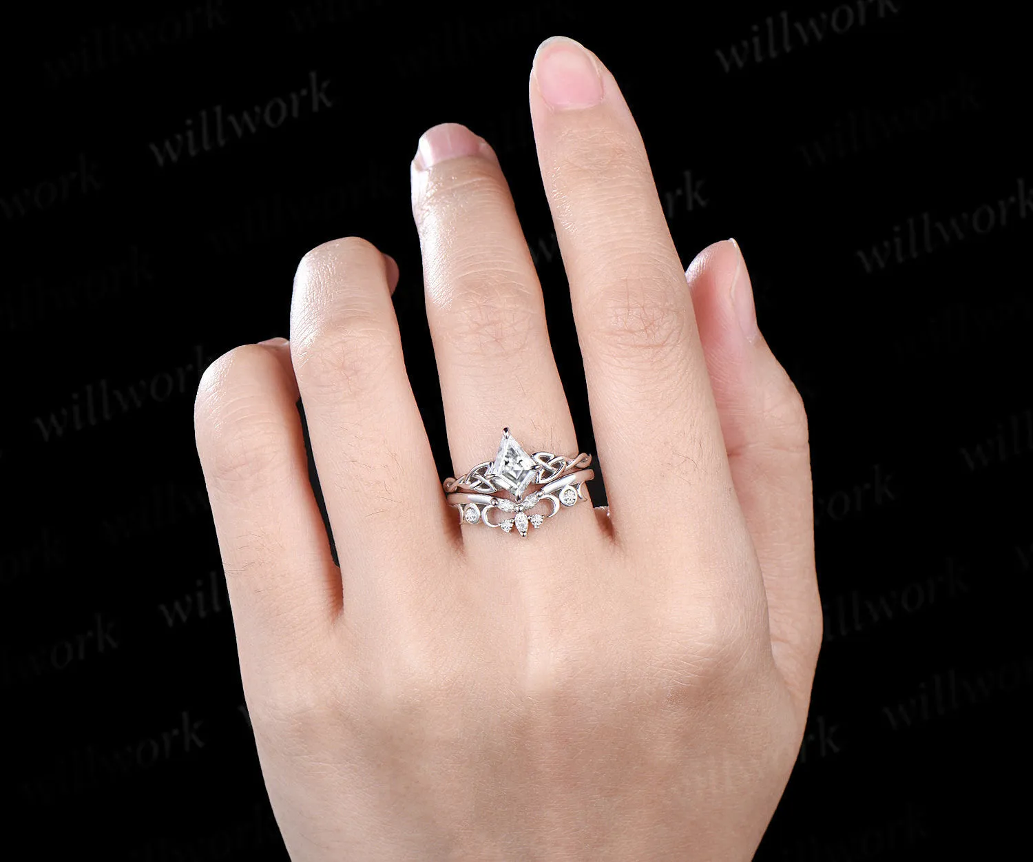 Kite cut IGI lab grown diamond engagement ring set solid 14k white gold Celtic knot infinity solitaire promise ring women sold by Willwork Jewelry product image thumbnail 2