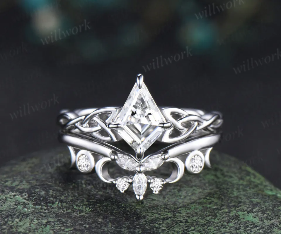 Kite cut IGI lab grown diamond engagement ring set solid 14k white gold Celtic knot infinity solitaire promise ring women sold by Willwork Jewelry