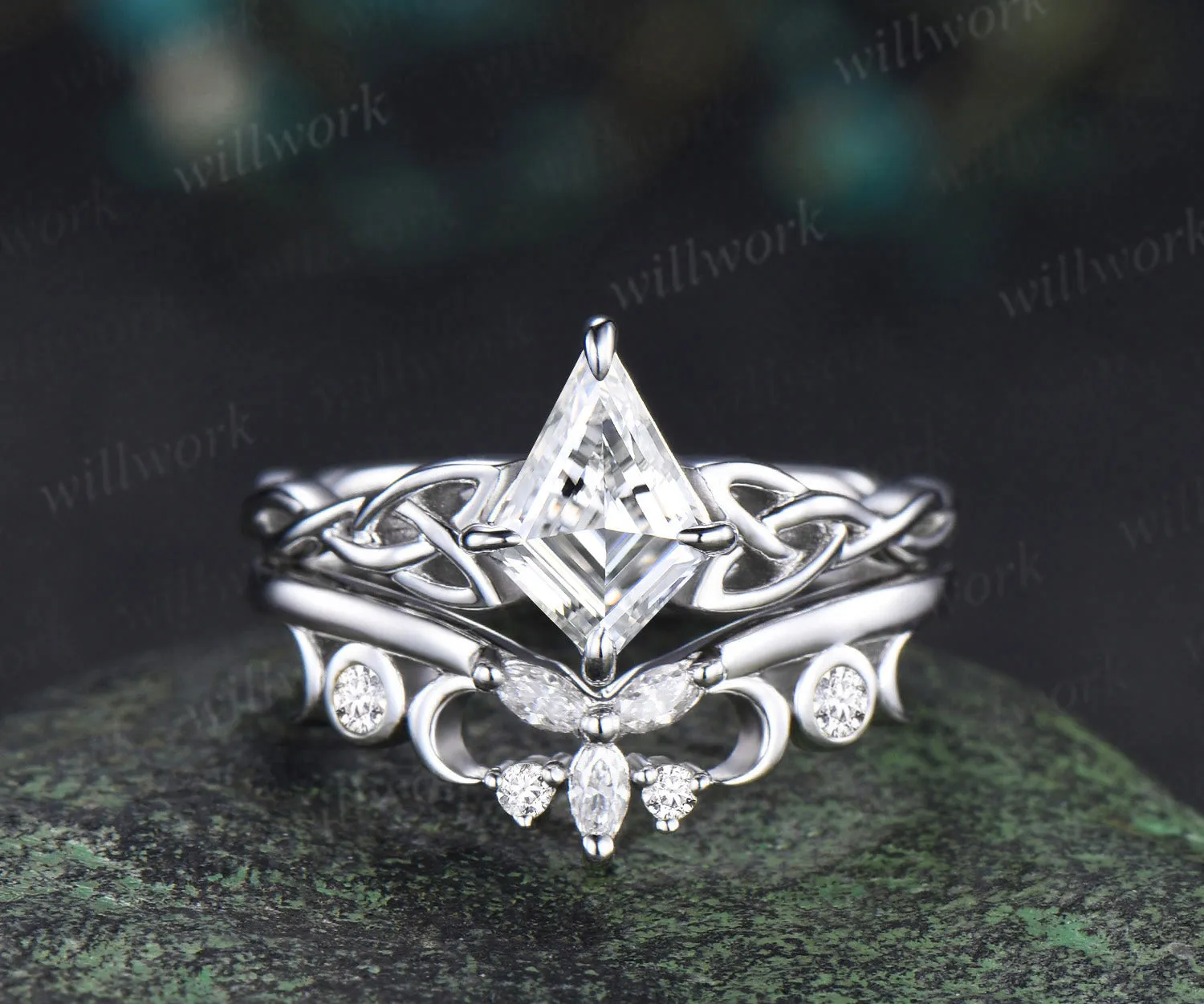 Kite cut IGI lab grown diamond engagement ring set solid 14k white gold Celtic knot infinity solitaire promise ring women sold by Willwork Jewelry