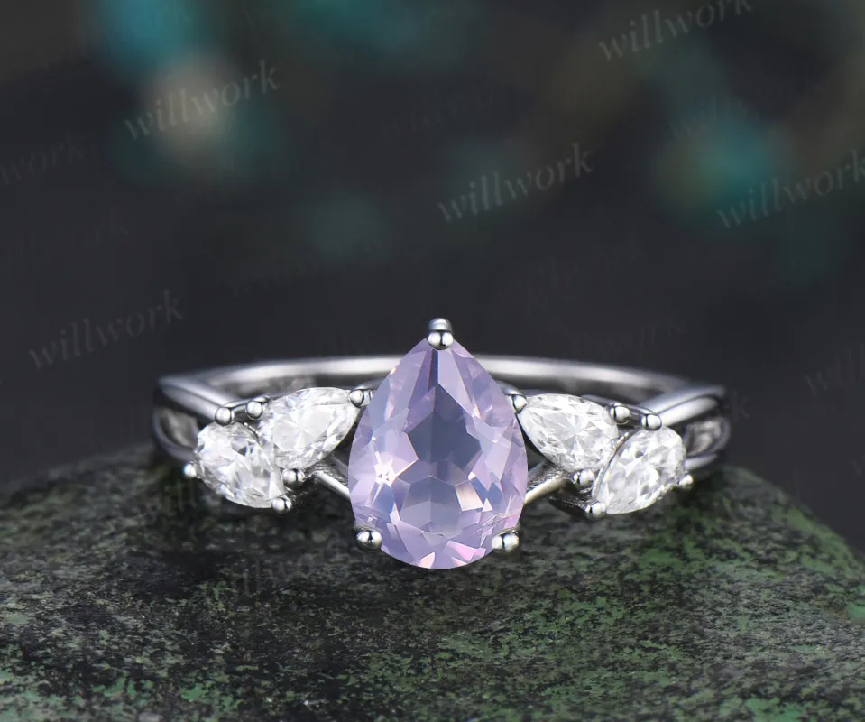 Pear natural lavender amethyst ring pear moissanite cluster split shank engagement ring retro bridal ring gifts for women sold by Willwork Jewelry