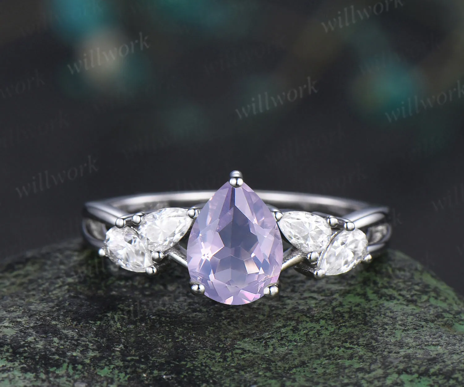 Pear natural lavender amethyst ring pear moissanite cluster split shank engagement ring retro bridal ring gifts for women sold by Willwork Jewelry