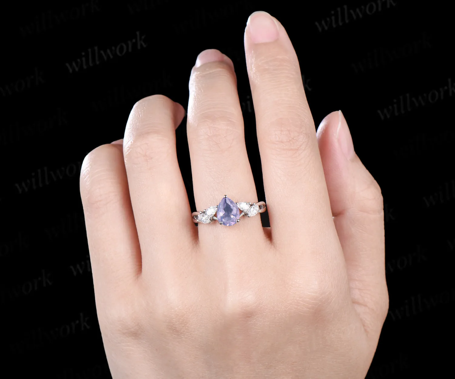 Pear natural lavender amethyst ring pear moissanite cluster split shank engagement ring retro bridal ring gifts for women sold by Willwork Jewelry product image thumbnail 2