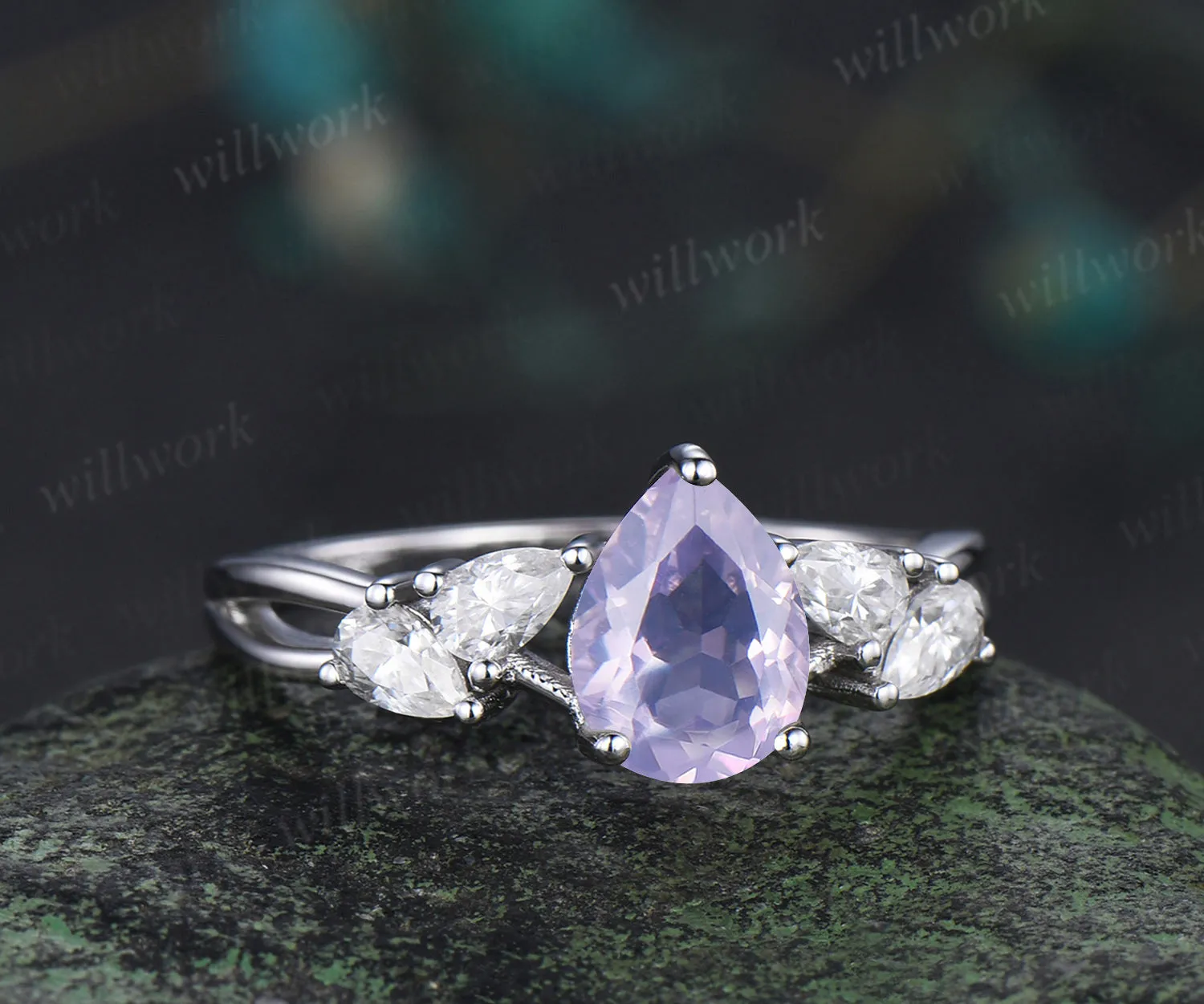 Pear natural lavender amethyst ring pear moissanite cluster split shank engagement ring retro bridal ring gifts for women sold by Willwork Jewelry product image thumbnail 4