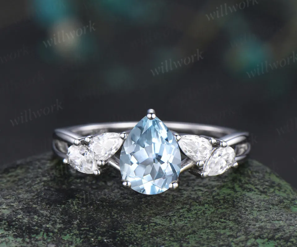 Vintage pear cut natural aquamarine ring pear moissanite split shank engagement ring unique bridal ring gifts for women sold by Willwork Jewelry