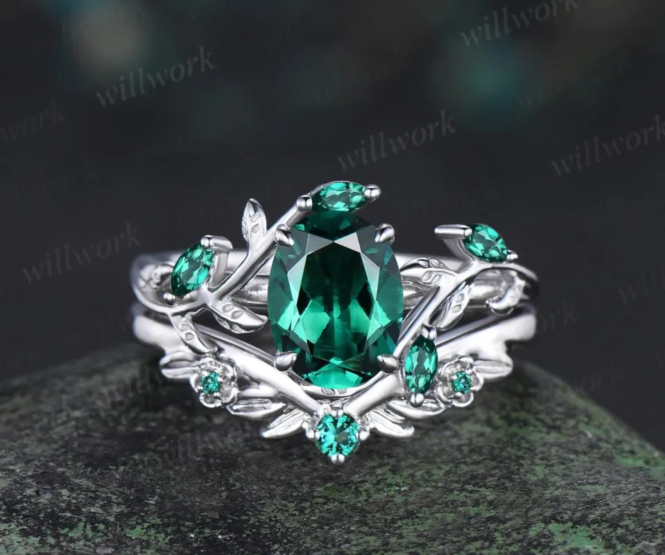 Vintage oval cut green emerald engagement ring set 14k white gold cluster leaf floral nature inspired retro bridal wedding ring set women sold by Willwork Jewelry
