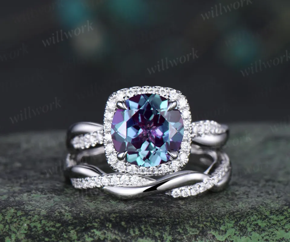 2ct Round cut Alexandrite engagement ring set infinity 3/4 eternity cushion halo diamond bridal wedding ring set 14k white gold jewelry sold by Willwork Jewelry