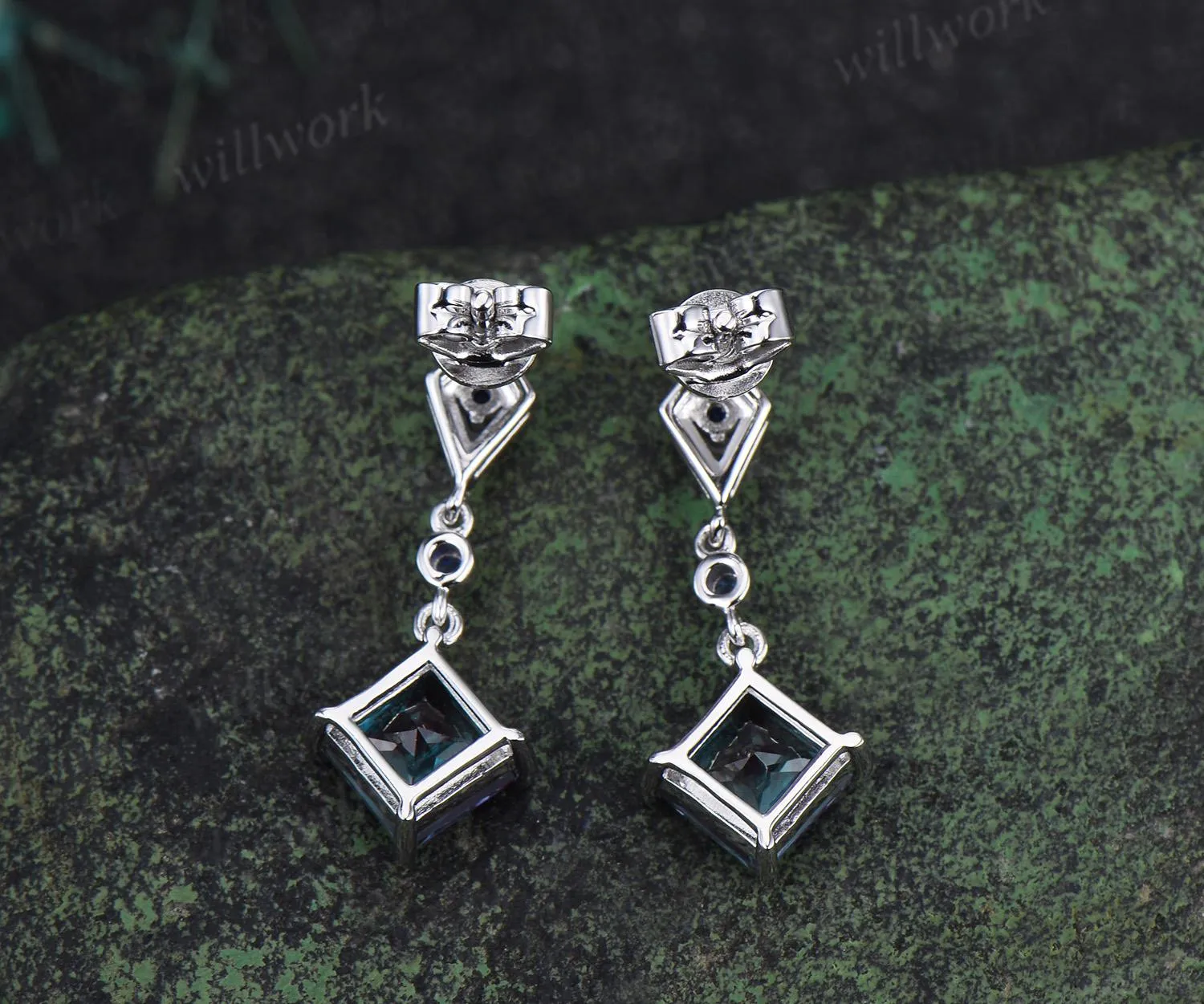 Princess cut Alexandrite earrings 14k white gold kite halo sapphire drop earrings women June birthstone dainty anniversary gift for her sold by Willwork Jewelry product image thumbnail 3