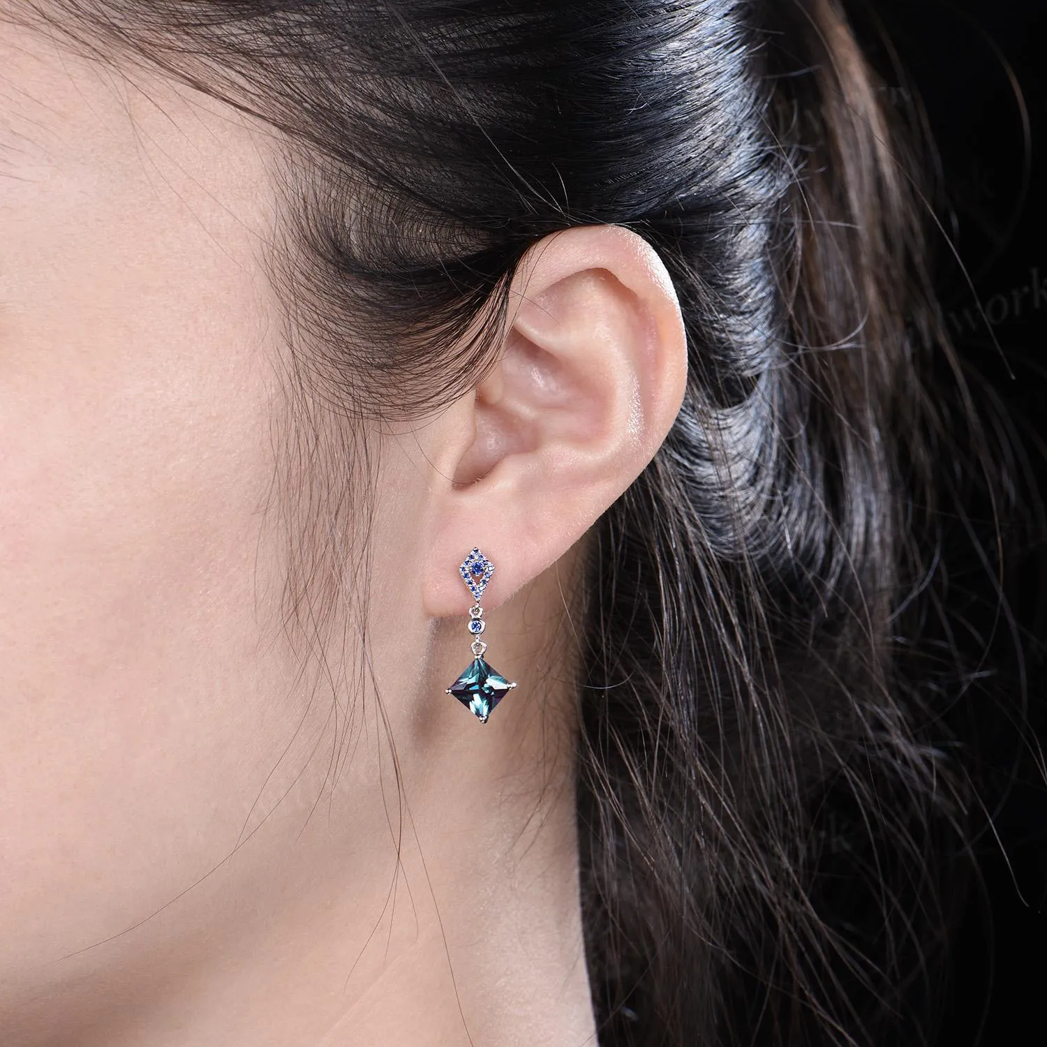 Princess cut Alexandrite earrings 14k white gold kite halo sapphire drop earrings women June birthstone dainty anniversary gift for her sold by Willwork Jewelry product image thumbnail 4