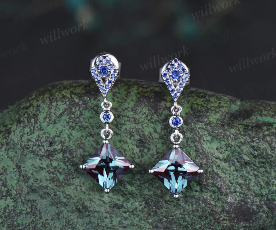 Princess cut Alexandrite earrings 14k white gold kite halo sapphire drop earrings women June birthstone dainty anniversary gift for her sold by Willwork Jewelry