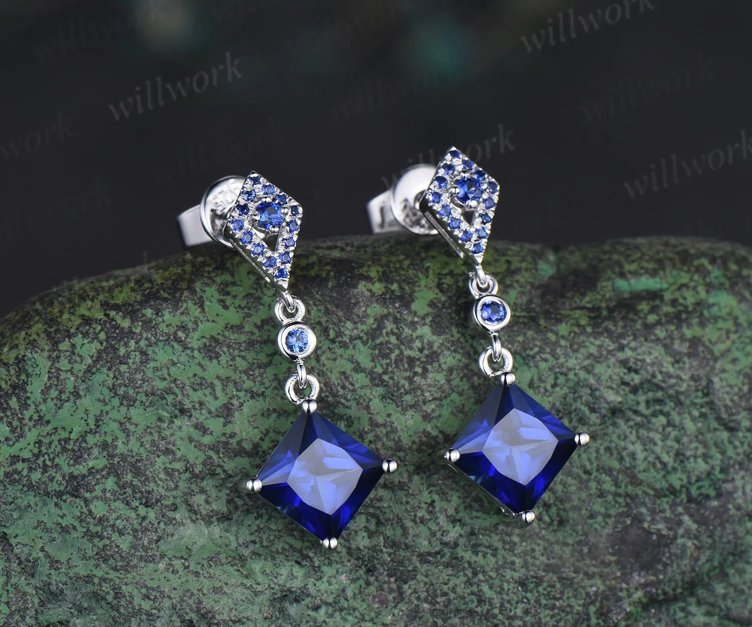 Princess cut blue sapphire earrings 14k white gold kite halo sapphire drop earrings women September birthstone anniversary gift for her sold by Willwork Jewelry product image thumbnail 2