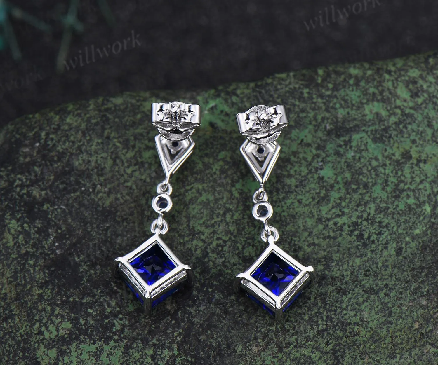 Princess cut blue sapphire earrings 14k white gold kite halo sapphire drop earrings women September birthstone anniversary gift for her sold by Willwork Jewelry product image thumbnail 3