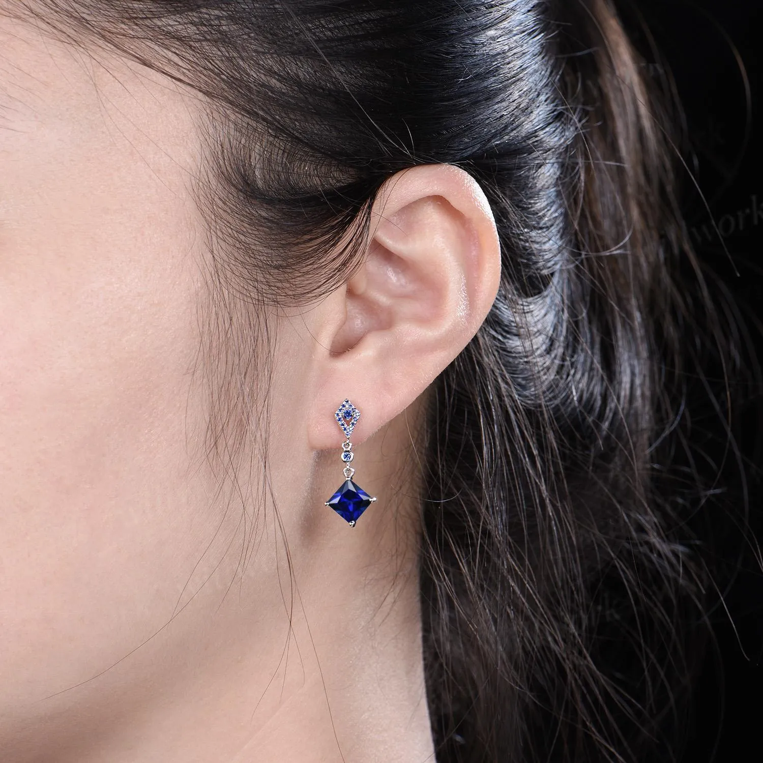 Princess cut blue sapphire earrings 14k white gold kite halo sapphire drop earrings women September birthstone anniversary gift for her sold by Willwork Jewelry product image thumbnail 4
