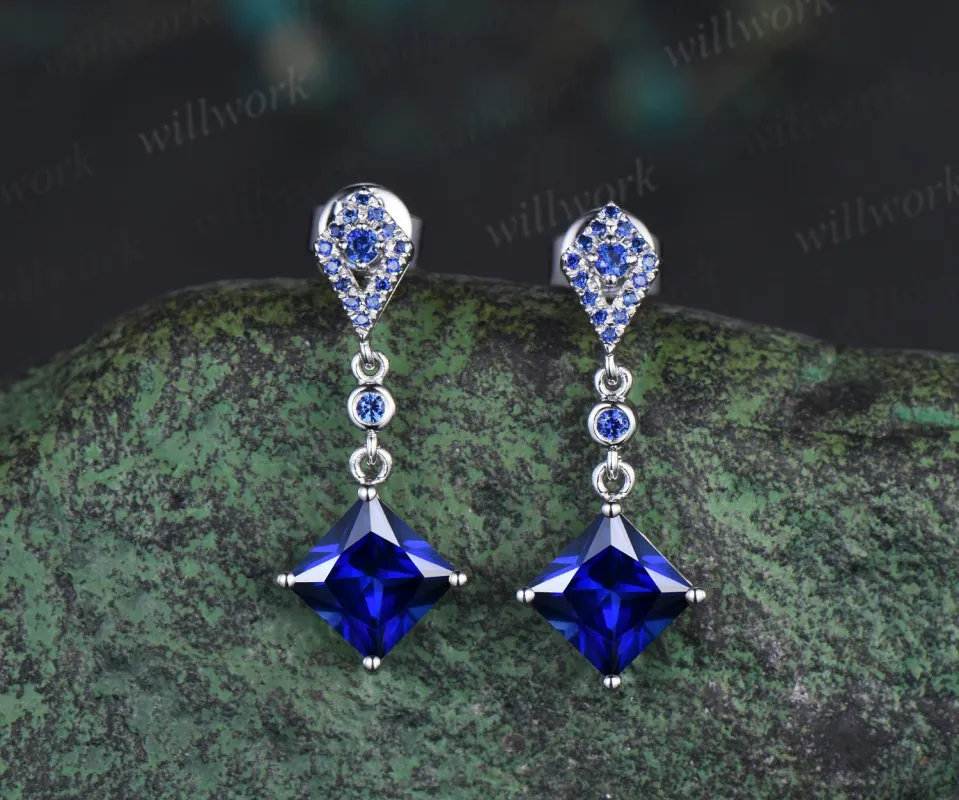 Princess cut blue sapphire earrings 14k white gold kite halo sapphire drop earrings women September birthstone anniversary gift for her made by Willwork Jewelry