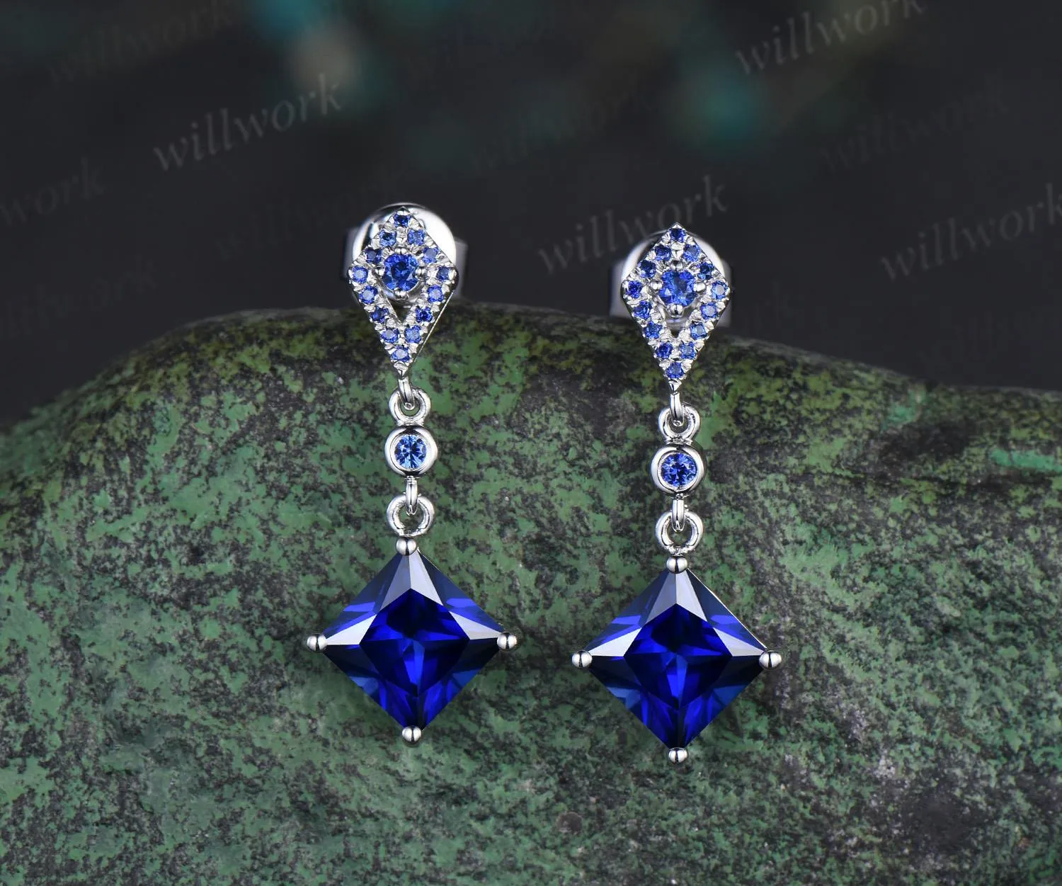 Princess cut blue sapphire earrings 14k white gold kite halo sapphire drop earrings women September birthstone anniversary gift for her sold by Willwork Jewelry
