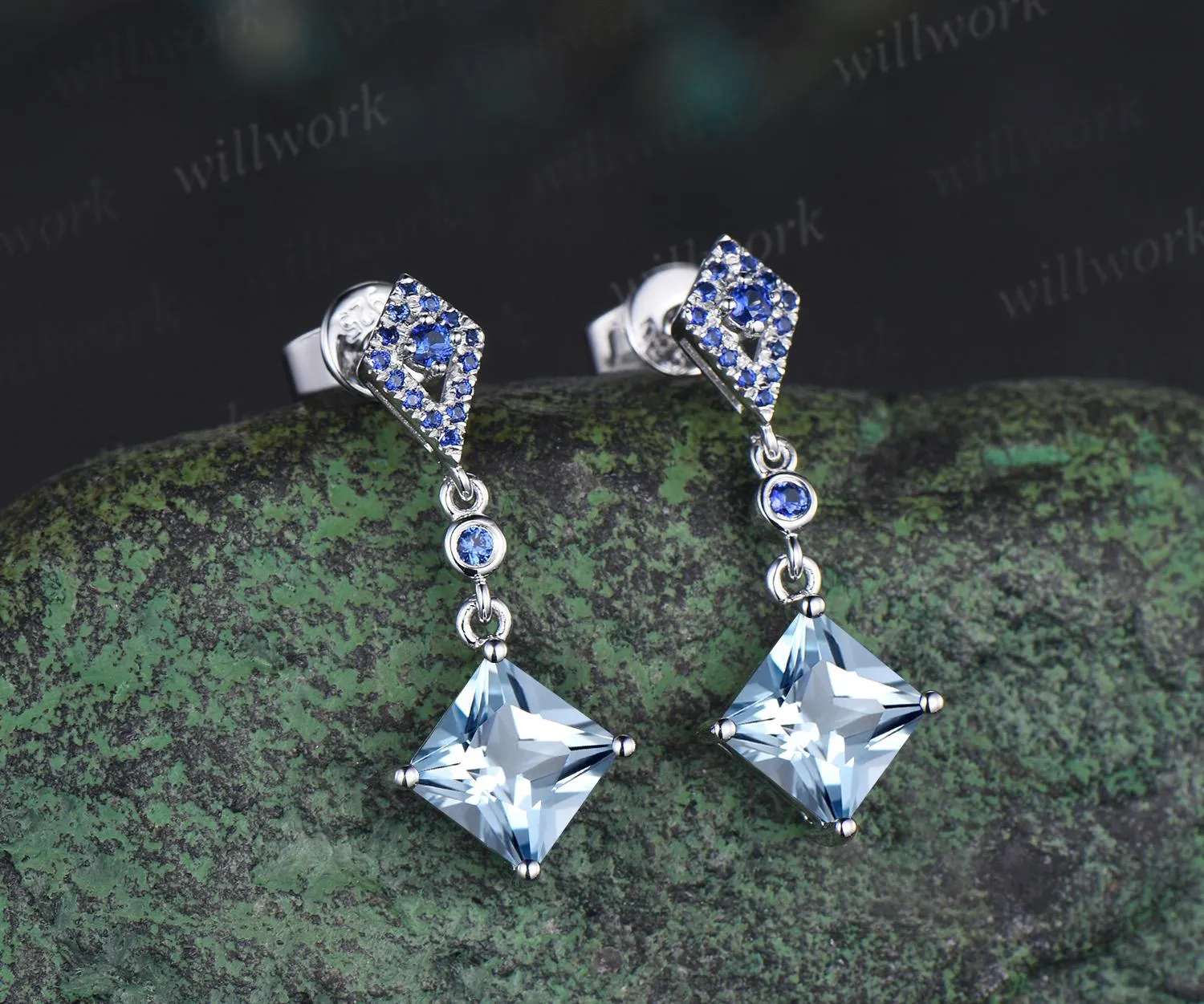 Princess cut aquamarine earrings 14k white gold kite halo sapphire drop earrings women March birthstone anniversary gift for her sold by Willwork Jewelry product image thumbnail 2