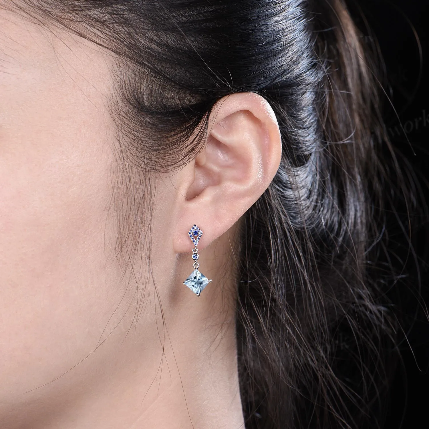 Princess cut aquamarine earrings 14k white gold kite halo sapphire drop earrings women March birthstone anniversary gift for her sold by Willwork Jewelry product image thumbnail 3