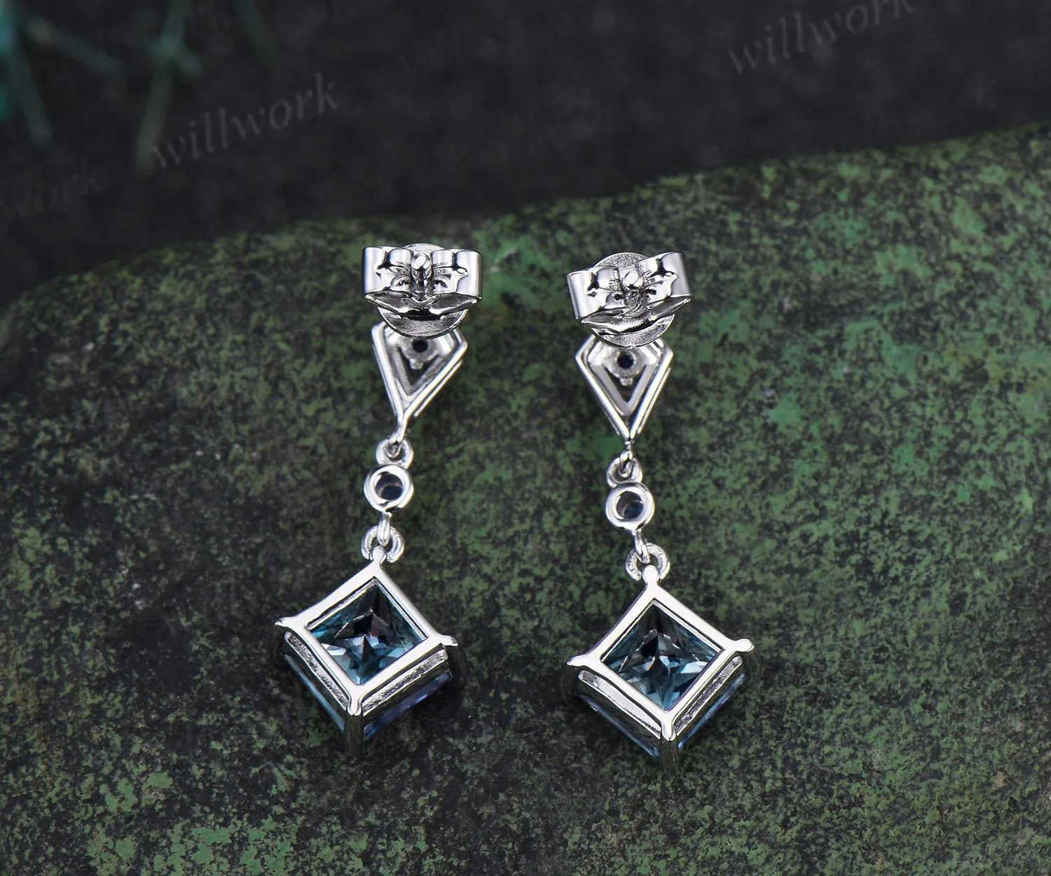 Princess cut aquamarine earrings 14k white gold kite halo sapphire drop earrings women March birthstone anniversary gift for her sold by Willwork Jewelry product image thumbnail 4