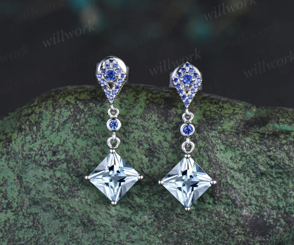 Princess cut aquamarine earrings 14k white gold kite halo sapphire drop earrings women March birthstone anniversary gift for her sold by Willwork Jewelry