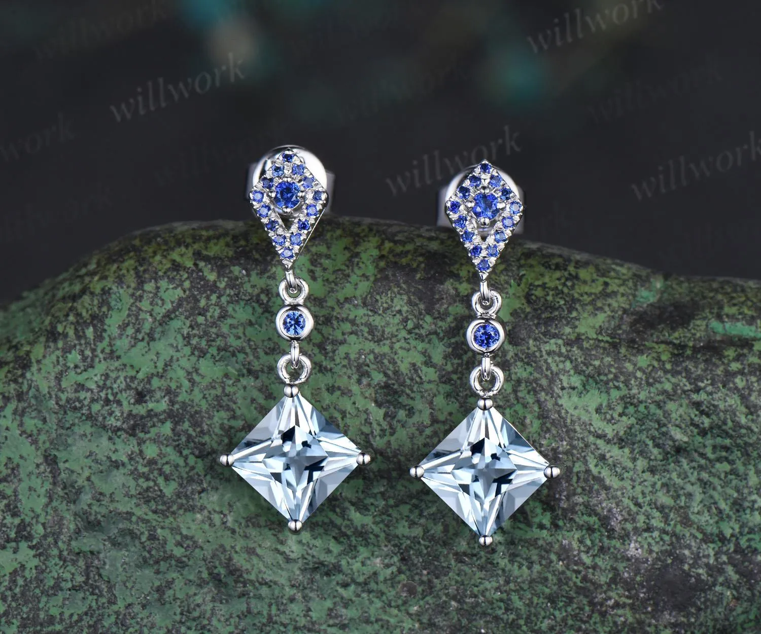 Princess cut aquamarine earrings 14k white gold kite halo sapphire drop earrings women March birthstone anniversary gift for her sold by Willwork Jewelry