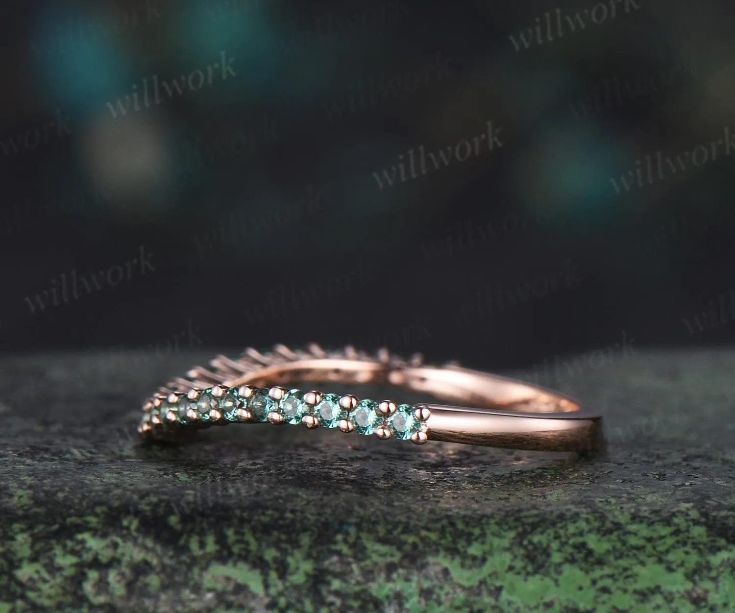Curved green emerald wedding band 14k rose gold matching stacking bridal wedding ring women sold by Willwork Jewelry product image thumbnail 2