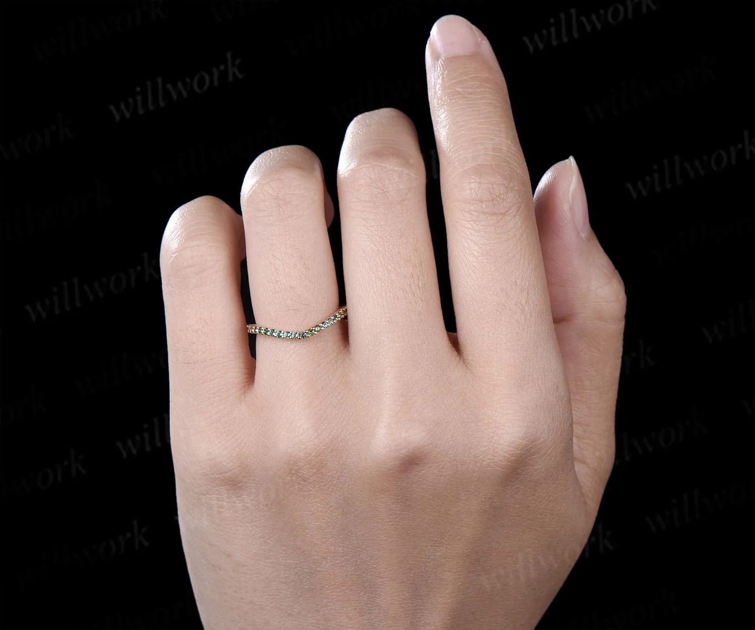 Curved green emerald wedding band 14k rose gold matching stacking bridal wedding ring women sold by Willwork Jewelry product image thumbnail 3