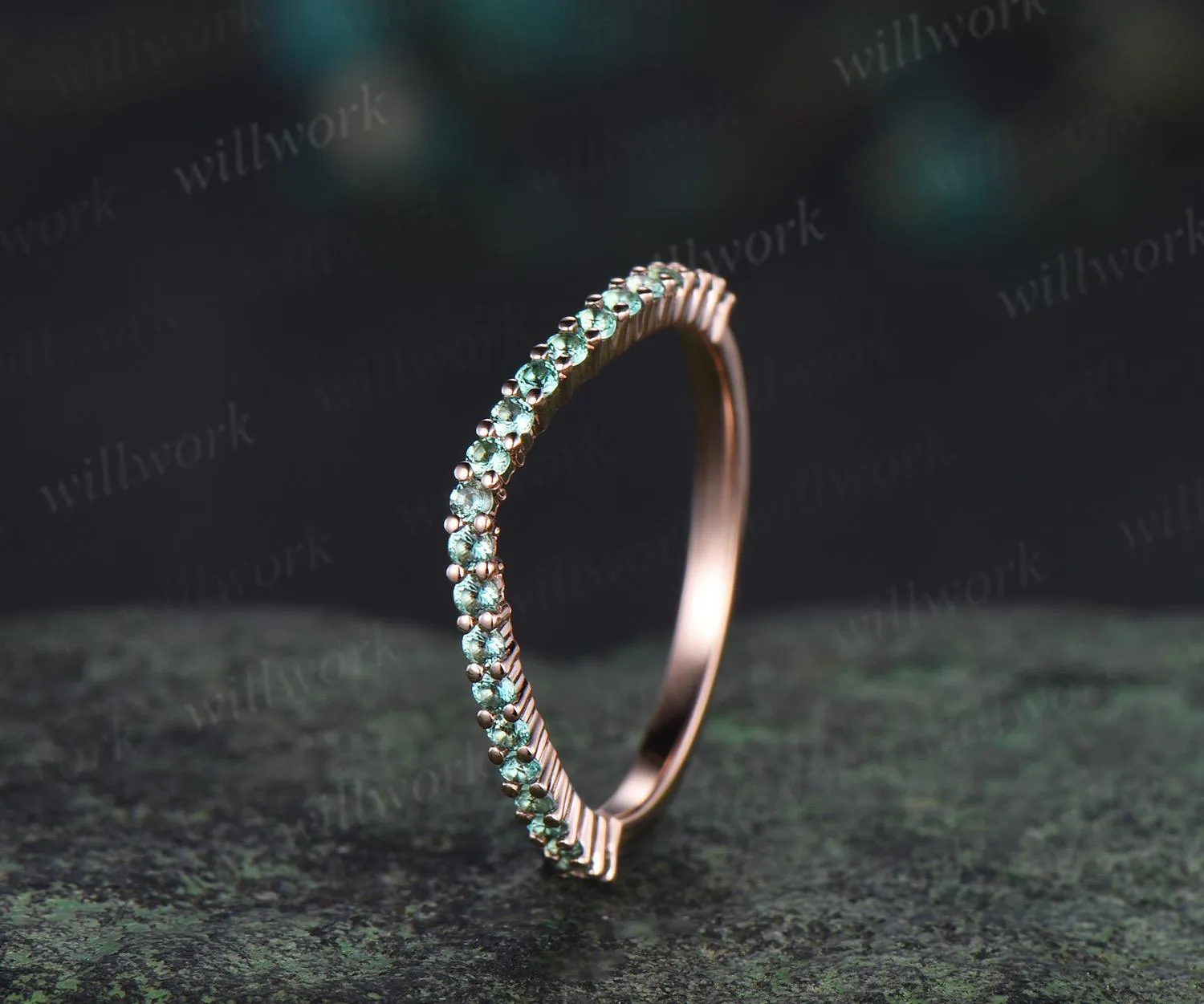 Curved green emerald wedding band 14k rose gold matching stacking bridal wedding ring women sold by Willwork Jewelry product image thumbnail 4
