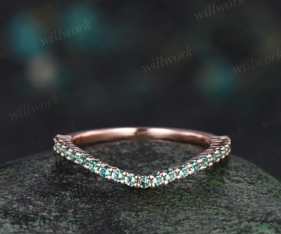 Curved green emerald wedding band 14k rose gold matching stacking bridal wedding ring women sold by Willwork Jewelry