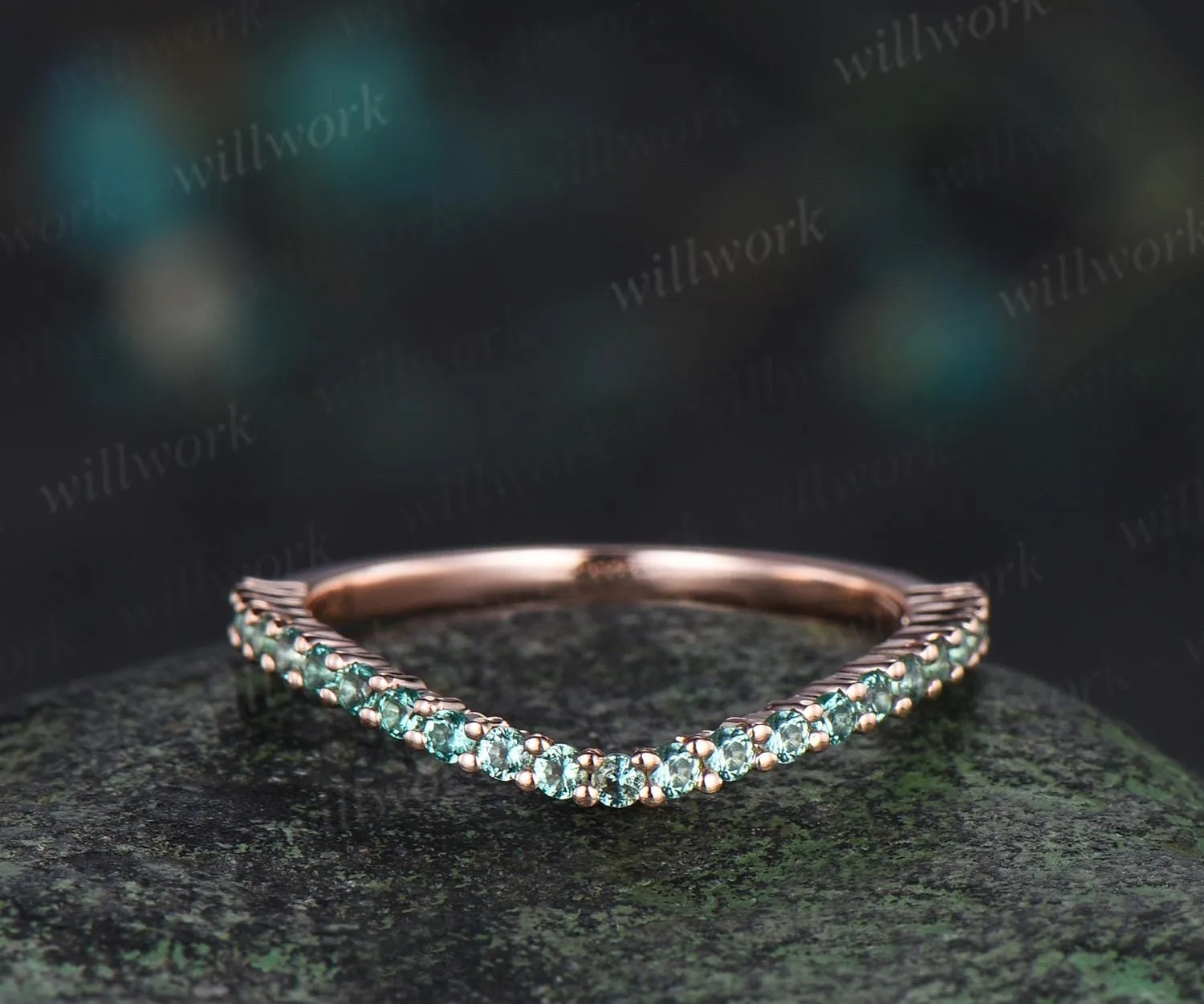 Curved green emerald wedding band 14k rose gold matching stacking bridal wedding ring women sold by Willwork Jewelry