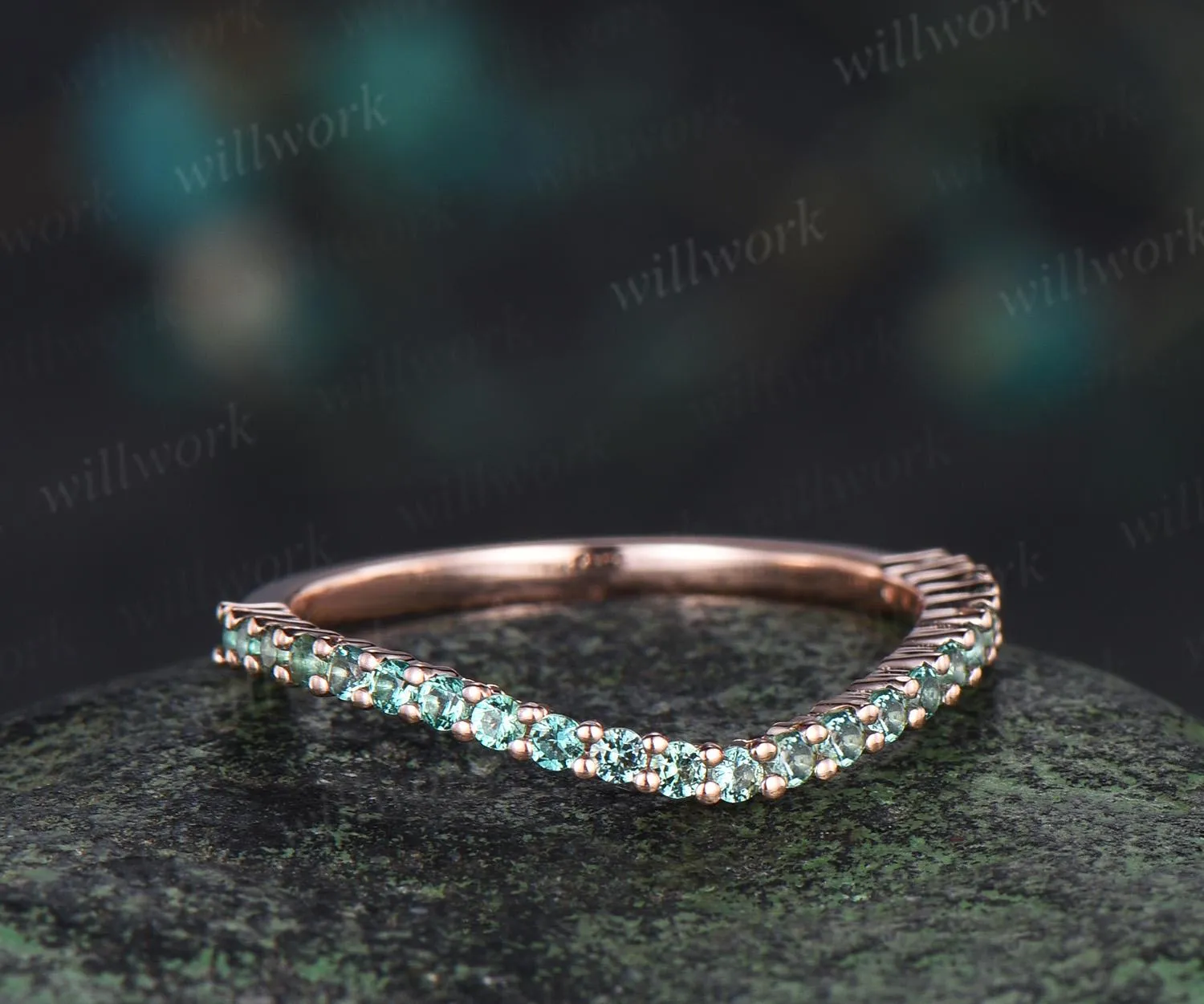 Curved green emerald wedding band 14k rose gold matching stacking bridal wedding ring women sold by Willwork Jewelry product image thumbnail 5