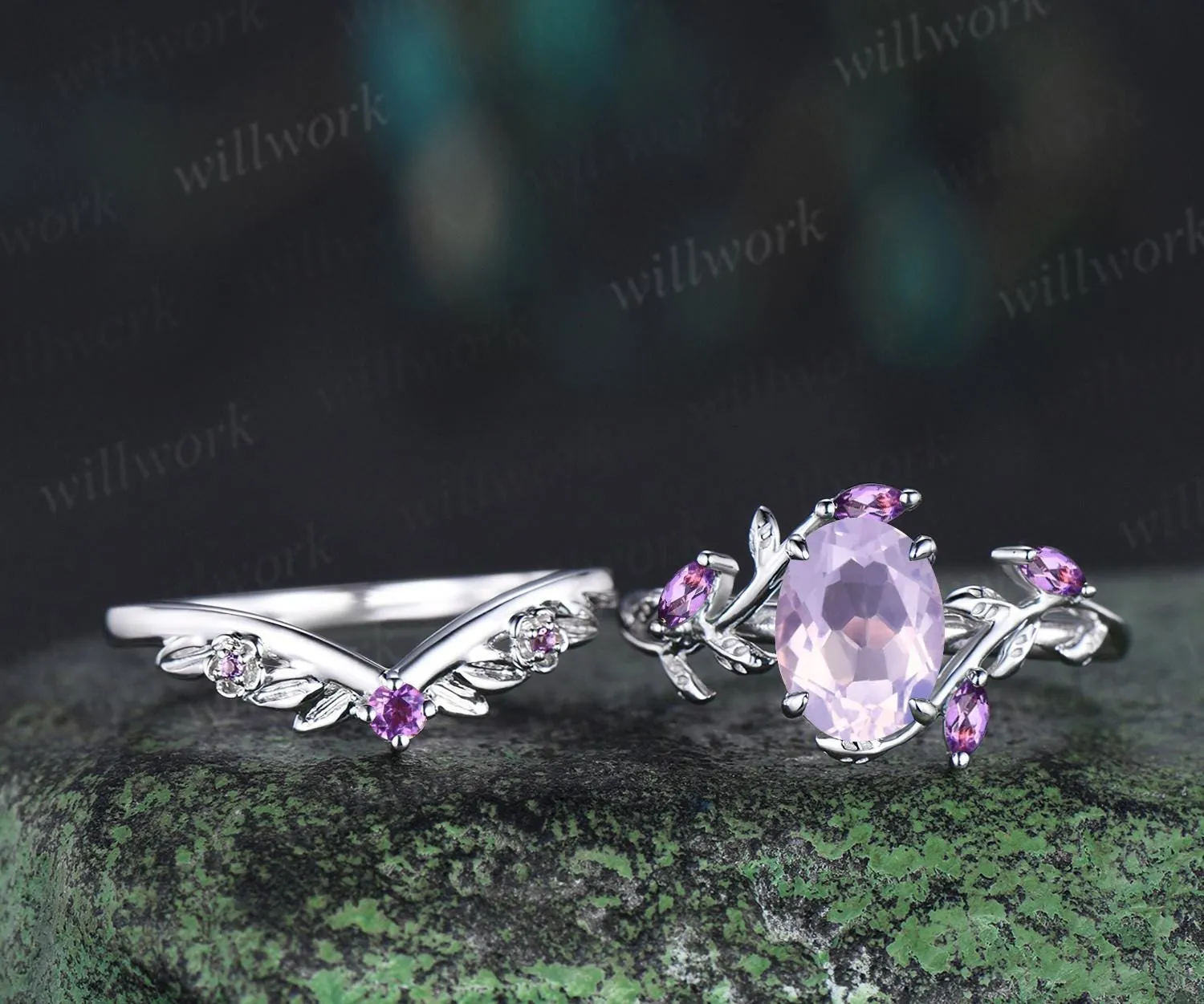 Vintage oval cut Lavender Amethyst engagement ring set white gold cluster leaf floral nature inspired crystal bridal wedding ring set women sold by Willwork Jewelry product image thumbnail 2