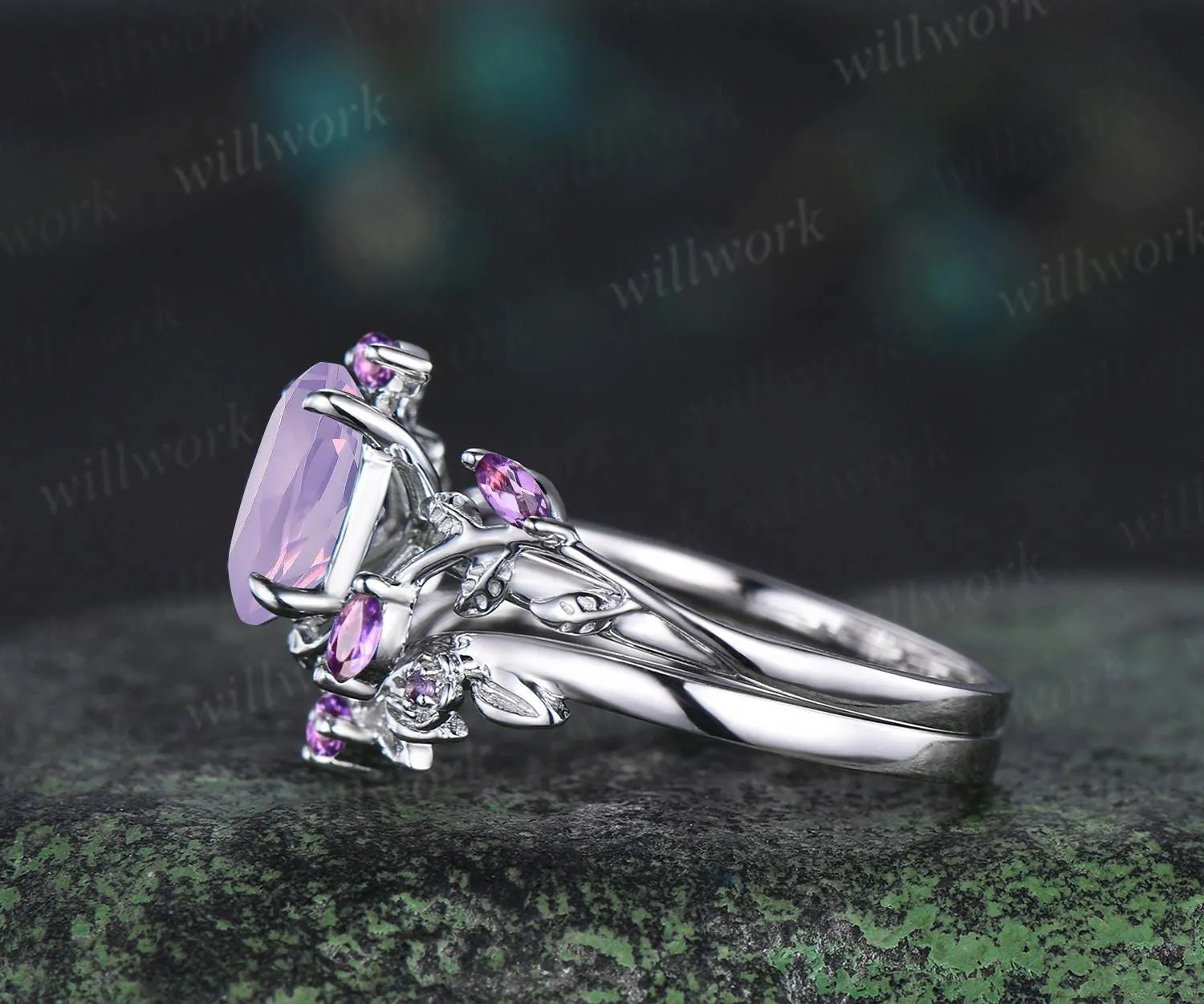 Vintage oval cut Lavender Amethyst engagement ring set white gold cluster leaf floral nature inspired crystal bridal wedding ring set women sold by Willwork Jewelry product image thumbnail 5