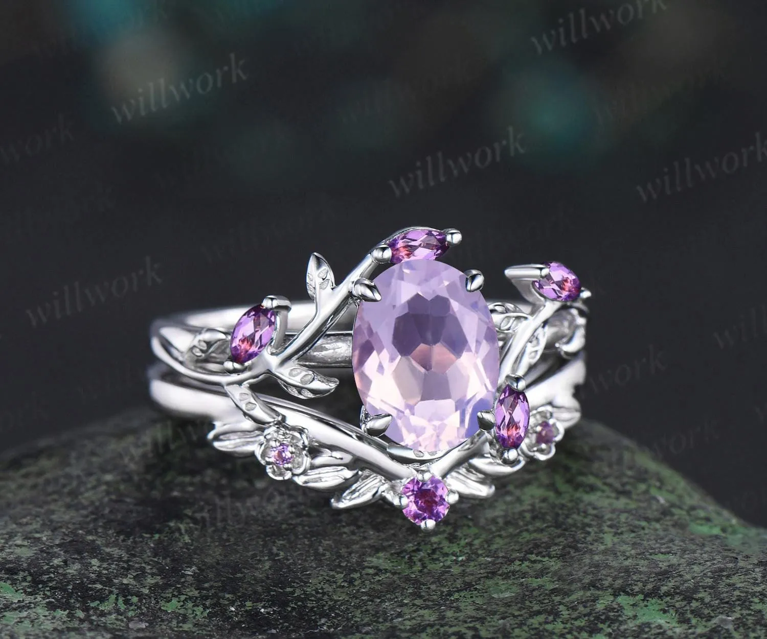 Vintage oval cut Lavender Amethyst engagement ring set white gold cluster leaf floral nature inspired crystal bridal wedding ring set women sold by Willwork Jewelry product image thumbnail 3