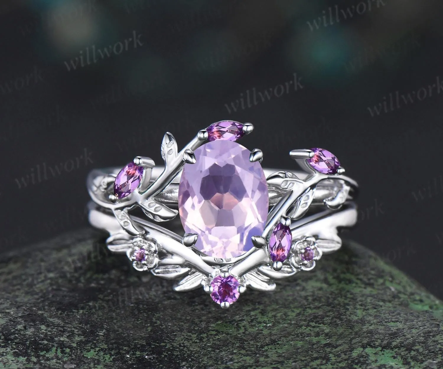 Vintage oval cut Lavender Amethyst engagement ring set white gold cluster leaf floral nature inspired crystal bridal wedding ring set women sold by Willwork Jewelry