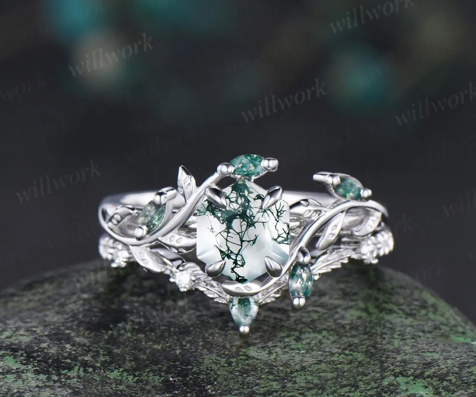 Vintage hexagon cut green moss agate engagement ring set white gold cluster leaf nature inspired bridal promise wedding ring set women sold by Willwork Jewelry