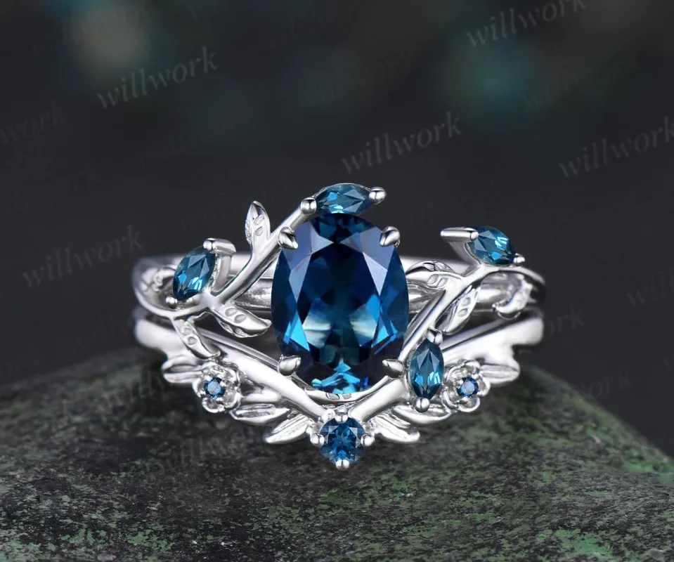 Oval cut London blue topaz engagement ring set solid 14k 18k white gold nature inspired blue gemstone silver ring anniversary gift for women sold by Willwork Jewelry