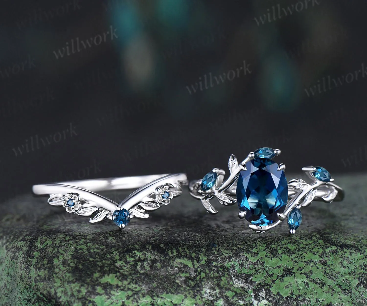 Oval cut London blue topaz engagement ring set solid 14k 18k white gold nature inspired blue gemstone silver ring anniversary gift for women sold by Willwork Jewelry product image thumbnail 2