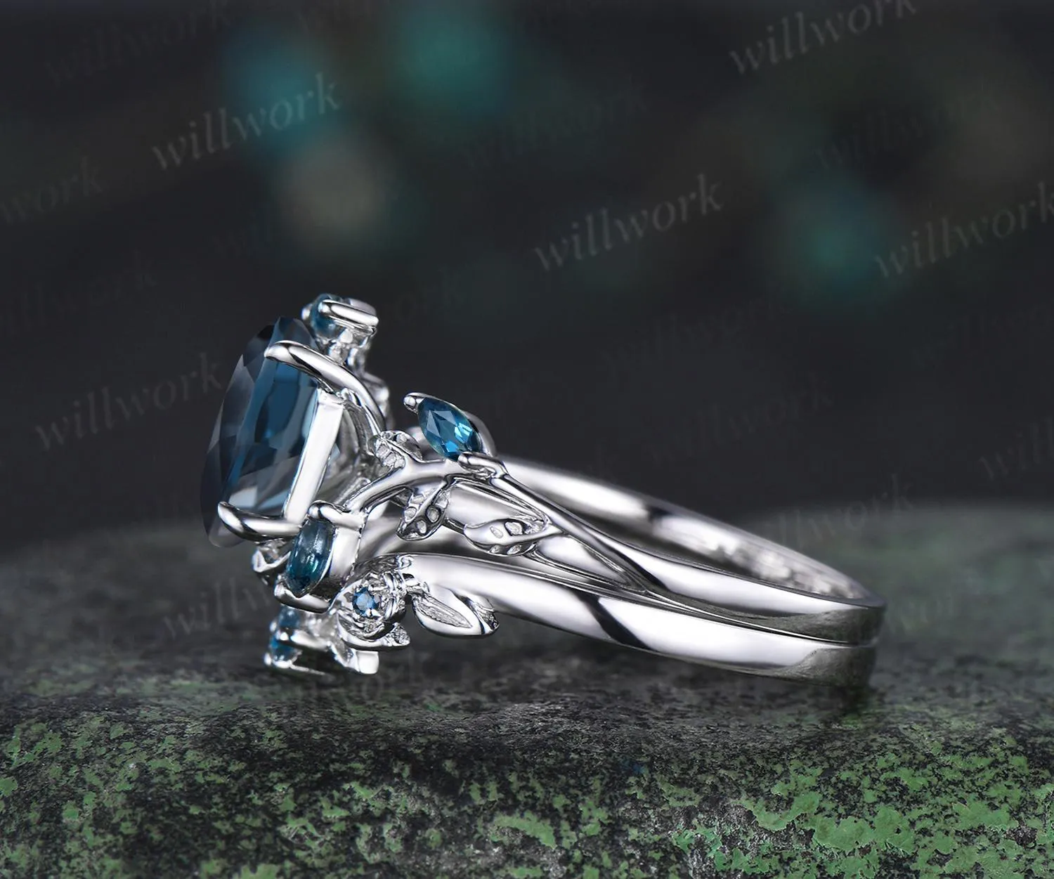 Oval cut London blue topaz engagement ring set solid 14k 18k white gold nature inspired blue gemstone silver ring anniversary gift for women sold by Willwork Jewelry product image thumbnail 5