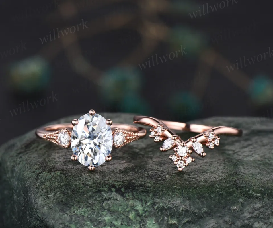 Vintage style 2ct oval IGI lab-grown diamond engagement ring set rose gold three stone art deco cluster diamond-accented wedding bridal ring set women jewelry sold by Willwork Jewelry