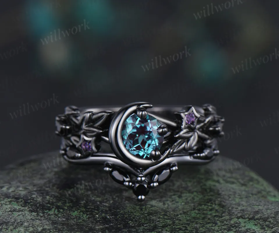 Round alexandrite moon star engagement ring set 14K black gold color change ring with black spinel band bridal gift for her sold by Willwork Jewelry