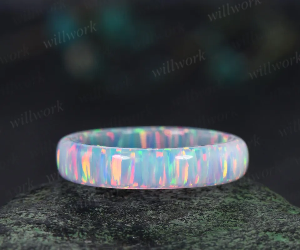 5mm White opal full eternity wedding band solitaire minimalist men band rough stone ring anniversary birthday gifts for him women sold by Willwork Jewelry