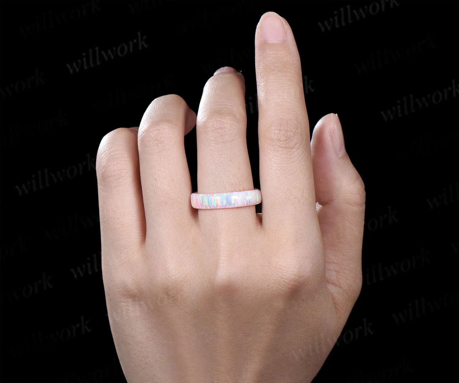 5mm White opal full eternity wedding band solitaire minimalist men band rough stone ring anniversary birthday gifts for him women sold by Willwork Jewelry product image thumbnail 3